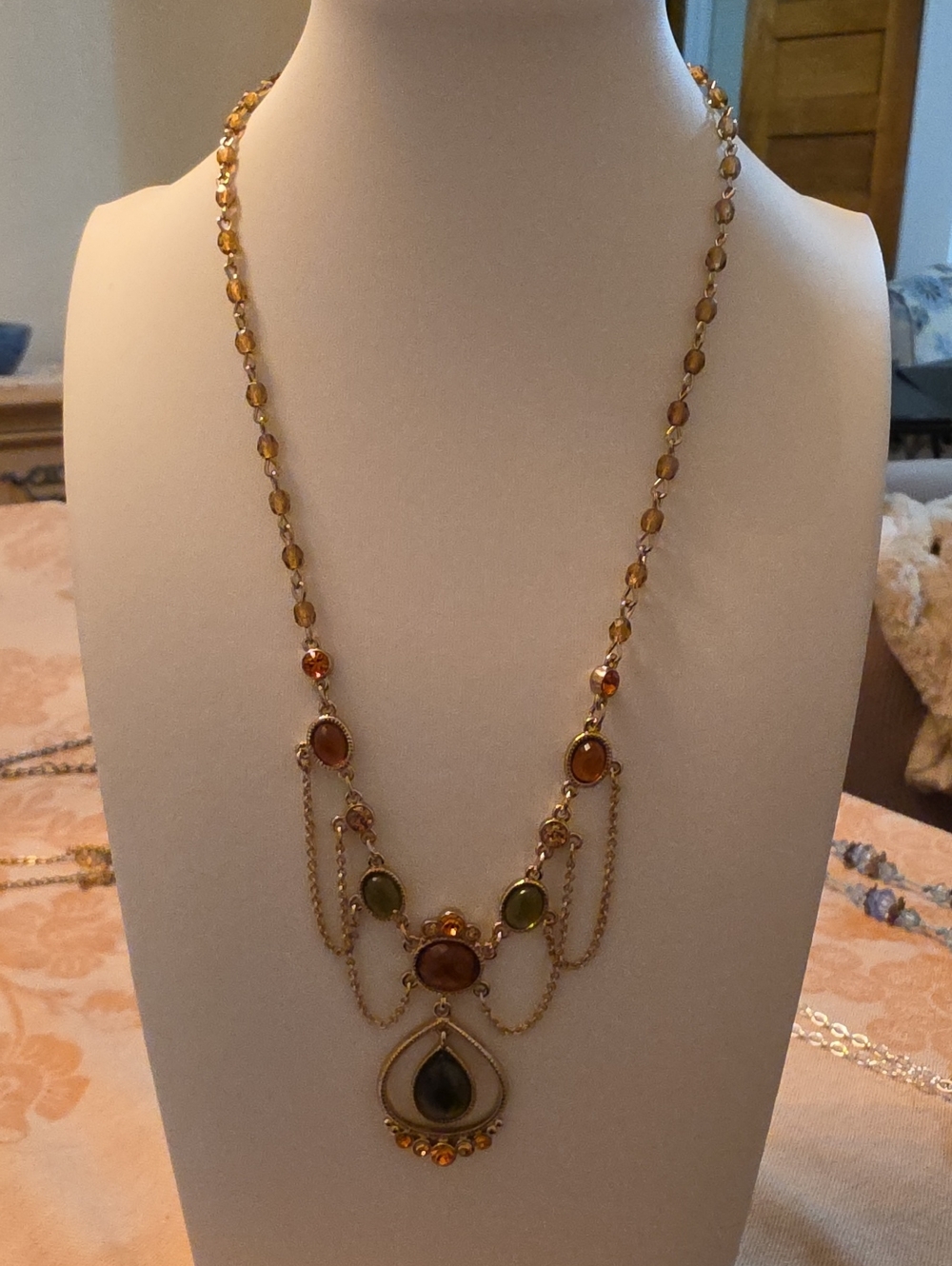 Gold-Tone Multi-Stone Pendant Necklace - Green and Amber